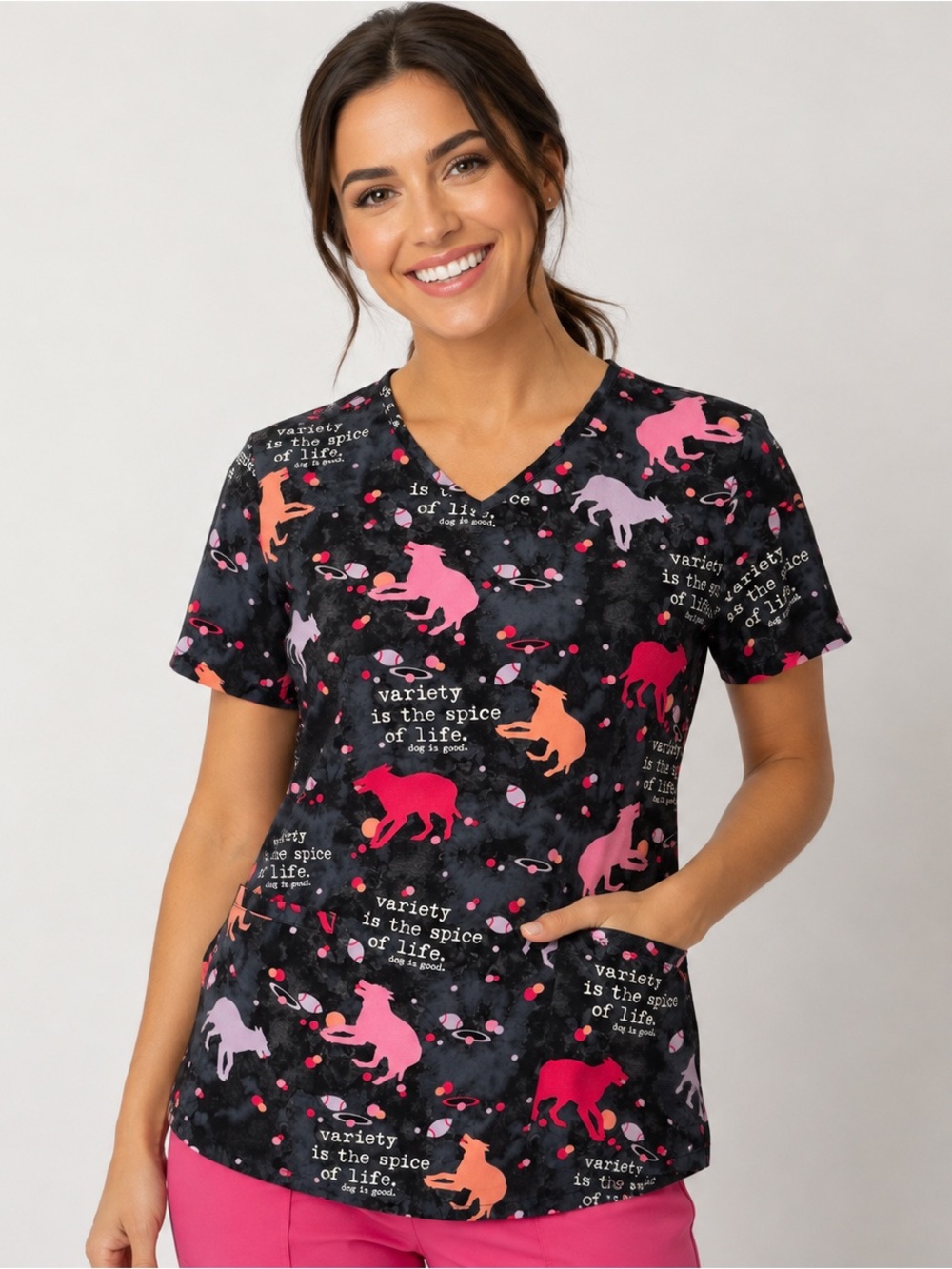 Dog Is Good Cherokee Top Women XXS Dog Print V-Neck Stretch Medical Uniform